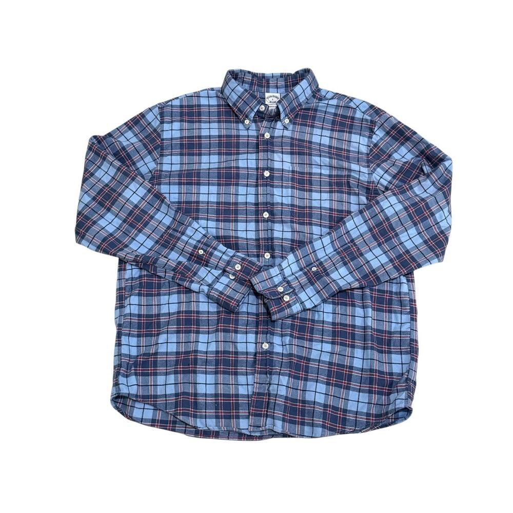 Brooks Brothers Flannel Shirt Mens L Blue Plaid Button Down Regular Fit Cotton
